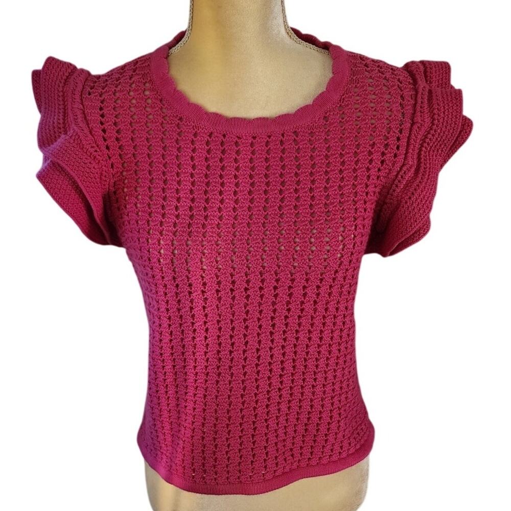 Gap Short Ruffle Flutter Sleeve Crochet Pinkish Purple Knit Sexy Sweater Medium
